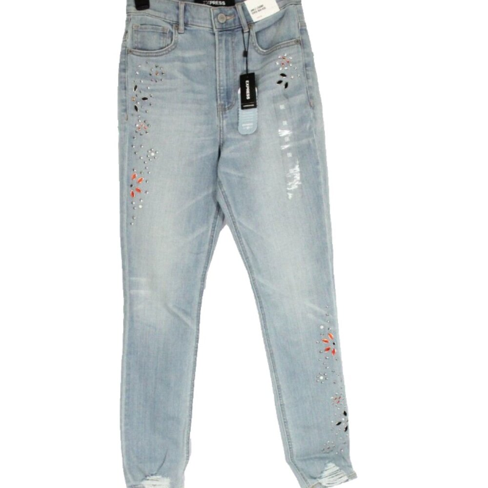 Express Super High Rise Skinny Jeans sz 0 New Embellished Distressed Stretch